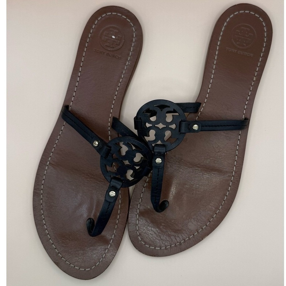Tory Burch Miller Black Tan Leather‎ Logo Thong Sandals Size 9.5M Made in Brazil